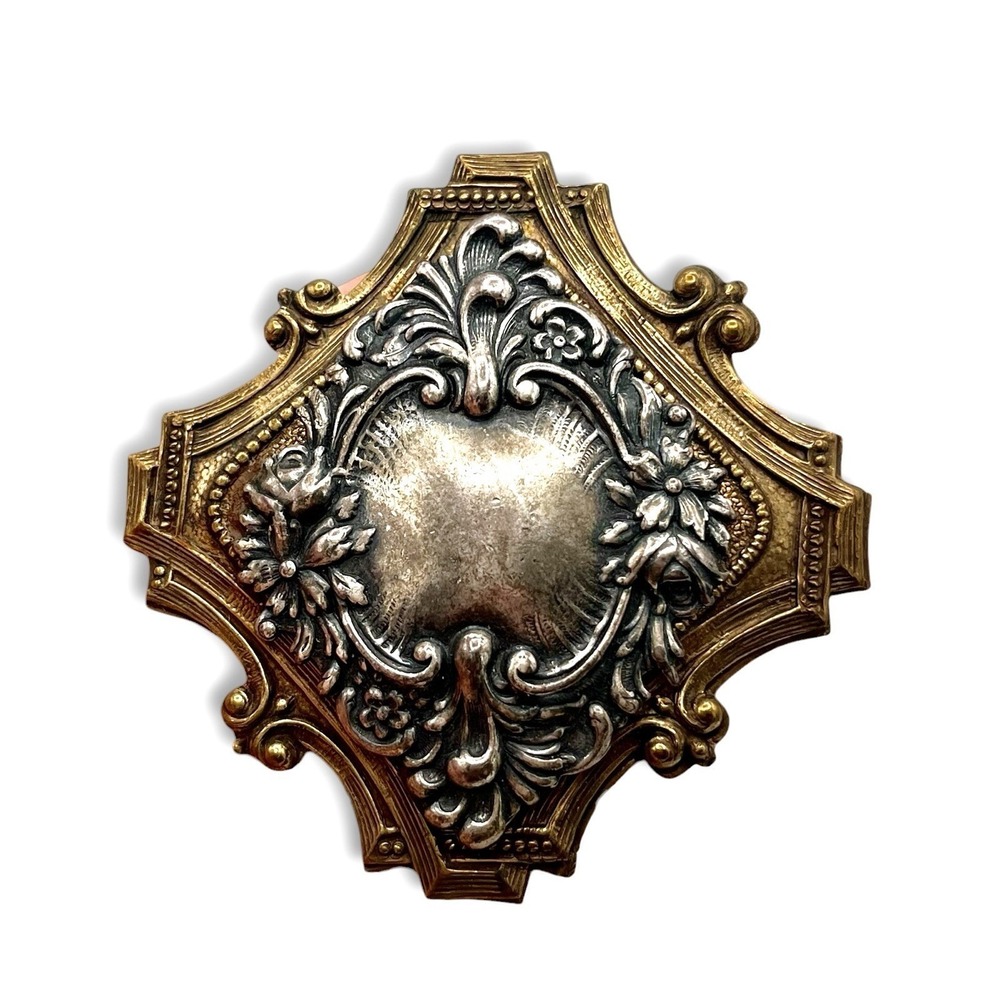 Vintage‎ Repousse Victorian Art Nouveau Ornate Brooch  Pendant Gold Silver